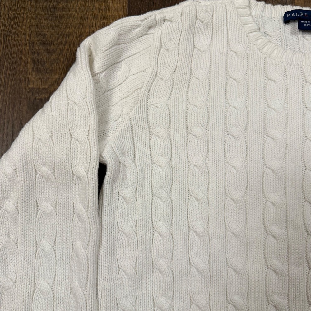 Vintage Polo Ralph Lauren Women's M Cable Knit Sweater Cream Ivory Cotton Preppy - Picture 3 of 10